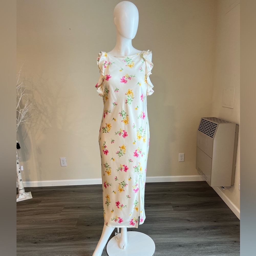 Women's Ruffle Sleeve Satin Maxi Dress - A New Day™ Cream Floral.